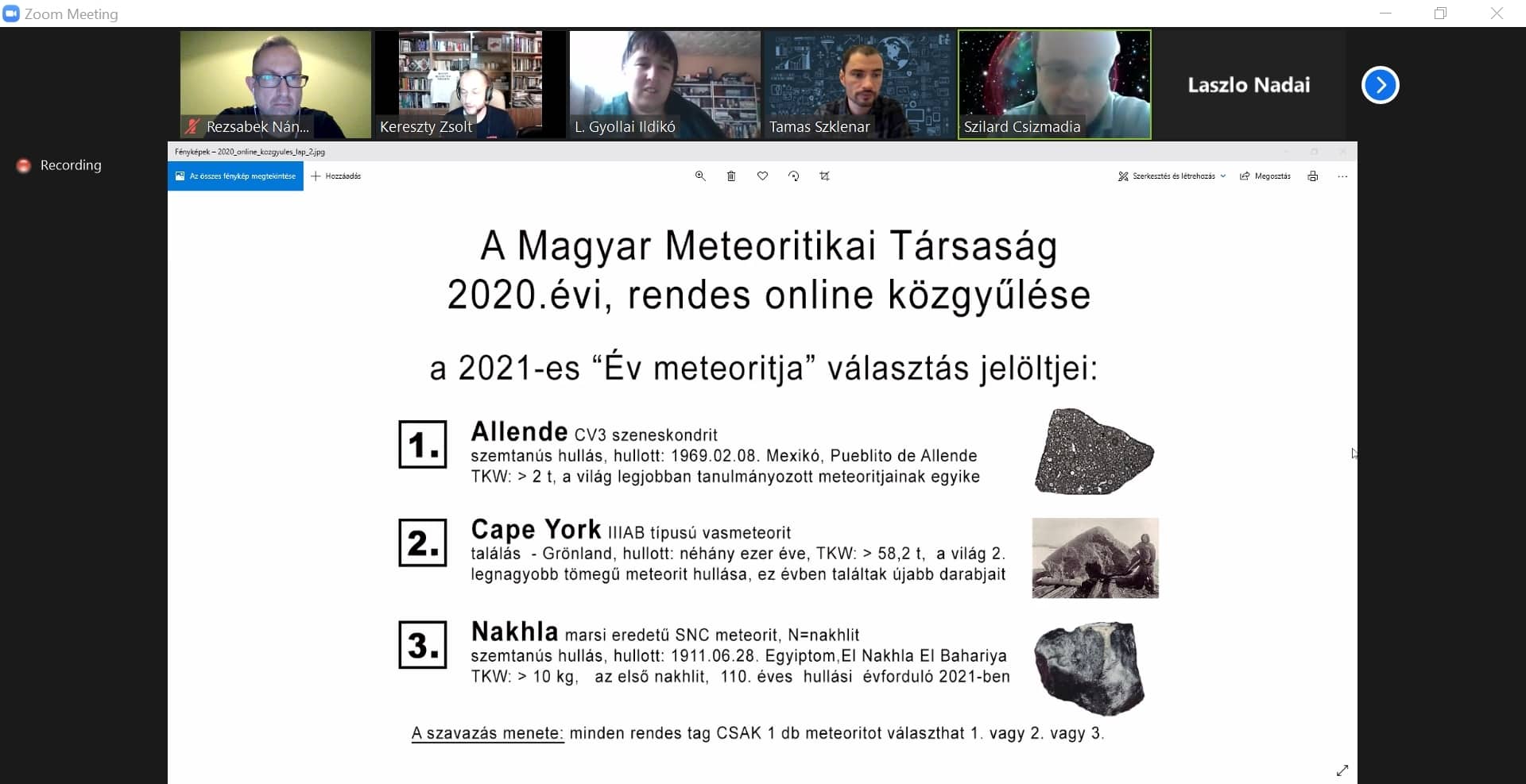 A Magyar Meteoritikai Társaság online közgyűlése